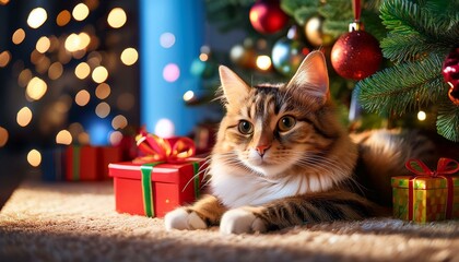 プレゼントに囲まれたクリスマスツリーの下でくつろぐ猫、優しい光が包み込む心地よい空間