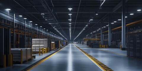 Obraz premium Eco-conscious warehouse featuring energy-efficient lighting, sustainable materials, and automated systems that promote eco-friendly operations.