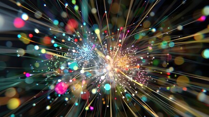 Fototapeta premium Vibrant fireworks display against dark night sky symbolizing new beginnings, dynamic burst of light captured with wide-angle lens, ample copy space for text or design elements.