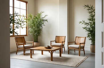 Fototapeta premium japandi interior style, japandi interior design banner showcases minimalist room with bamboo furniture, neutral colors for simplicity and functionality