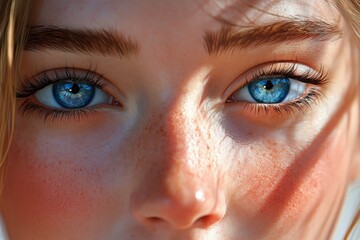 Fototapeta premium A close-up shot of a woman's face with striking blue eyes
