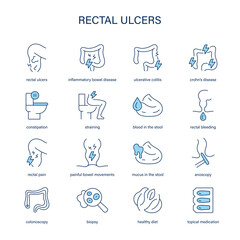 Rectal Ulcers symptoms, diagnostic and treatment vector icons. Medical icons.