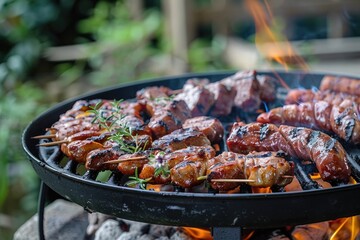 Barbecue dish with grilled meat and vegetables, perfect for outdoor gatherings or picnic