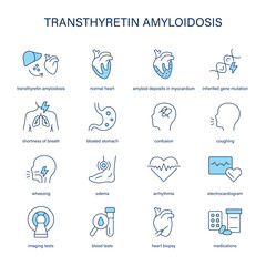 Transthyretin Amyloidosis symptoms, diagnostic and treatment vector icons. Medical icons.