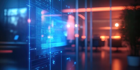 Obraz premium Digital signature interface glows on a holographic display, with a blurred corporate meeting room as the backdrop.