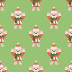 a pattern with teddy bears wearing sweaters and hats