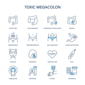 Toxic Megacolon symptoms, diagnostic and treatment vector icons. Medical icons.