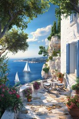Fototapeta premium A picturesque seaside terrace with sailboats in the distance. 