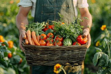A person holding a basket of freshly harvested vegetables in a garden.
