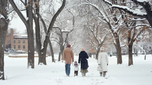 A family of four, clad in winter attire, walks through a snowy park lined with bare trees, crafting footprints in the pristine snow under an overcast sky.