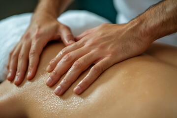 Hands giving a massage on an oiled back.
