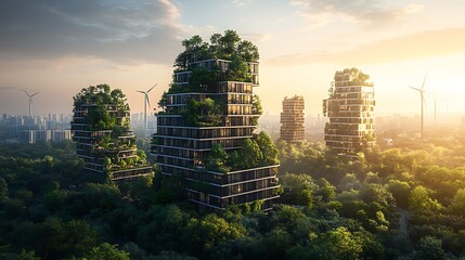 Obraz premium Futuristic eco-friendly skyscrapers surrounded by lush greenery and wind turbines.