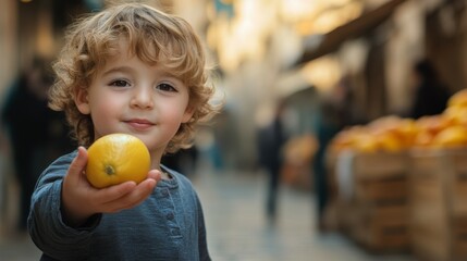 Fototapeta premium Child Offering a Lemon at a Market 
