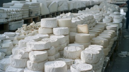 Rows of cheese wheels are stacked meticulously in a storeroom, showcasing an array of textures, shapes, and creamy colors.