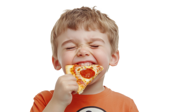 Happy child enjoying a slice of pizza, isolated on transparent background