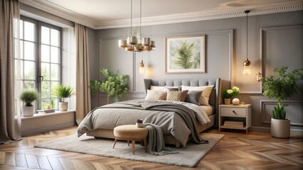 Stylish light gray romantic bedroom with window enhances cozy ambiance, creating a peaceful haven ideal for relaxation and restful moments throughout your day.