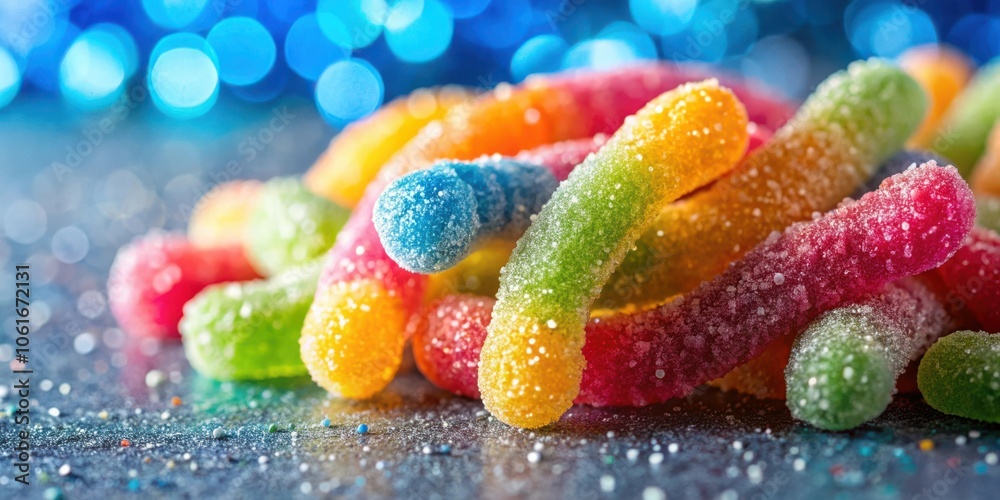 Aufkleber a close-up of colorful gummy candies, dusted with sugar crystals, resting on a textured surface with