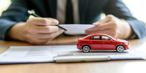 Fototapeta premium An insurance professional explains car insurance benefits in an auto dealership environment, focusing on vehicle protection.