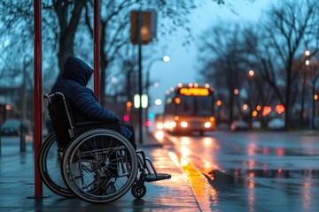 Obraz premium A person in a wheelchair waits patiently at a bus stop, ready to continue their journey