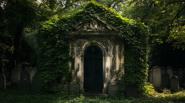 An ancient mausoleum covered in ivy, surrounded by shadowy graves.