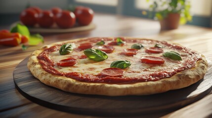 A pepperoni pizza with fresh basil on a wooden cutting board