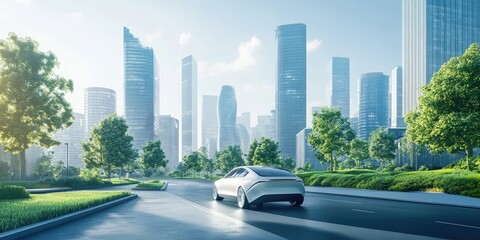 Naklejka premium An electric car drives through a modern cityscape, with skyscrapers and green spaces blending seamlessly in urban design.
