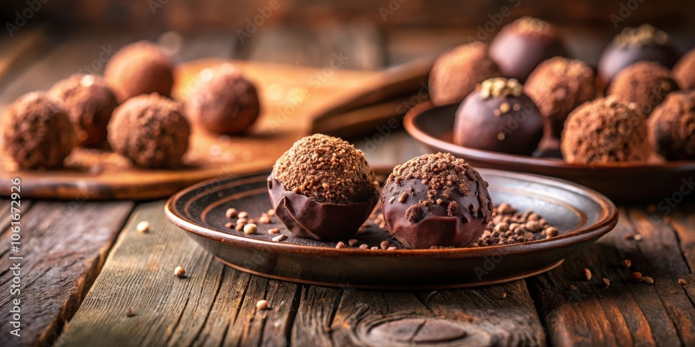 Poster A close-up of decadent chocolate truffles arranged on a rustic wooden surface, with a sprinkle of cocoa powder and peppercorns adding a touch of elegance