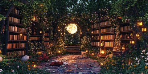 A mystical moonlit virtual library set in a celestial garden, featuring glowing book shelves, floating lanterns, and interactive flora that enhances the reading experienc