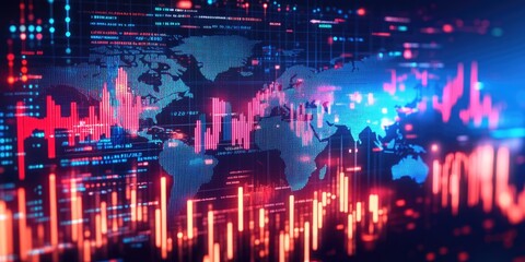 Fototapeta premium A futuristic world map displaying global financial trends, with dynamic 3D visualizations and live data overlays tracking international market movements.