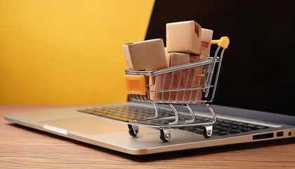Online shopping concept with miniature shopping cart standing in front of laptop 