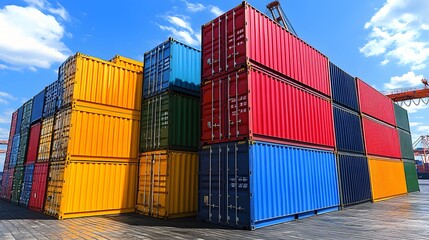 Shipyard filled with containers, large cranes operating, logistics and cargo industry at work