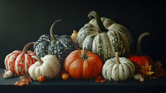 An artistic arrangement of decorative pumpkins.