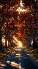 Fototapeta premium Tree lined road in the autumn season, a view of an empty country street with trees on both sides and sunlight filtering through them. Autumn colors.