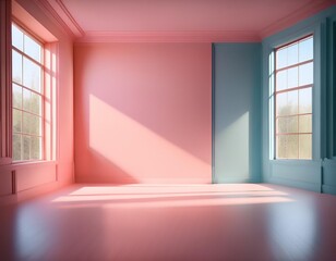 Fototapeta premium Serene and peaceful empty room with pink and blue walls, large windows, and natural light, creating a perfect backdrop for interior design inspiration