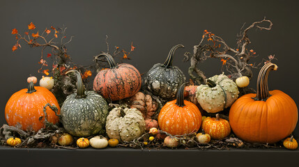 An artistic arrangement of decorative pumpkins.
