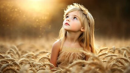 A young girl with long blonde hair looks up at the sun setting over a field of golden wheat