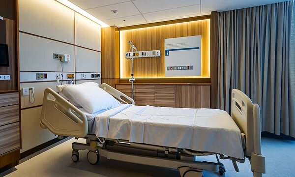A modern hospital room featuring an adjustable bed and warm wood accents.