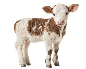Fluffy calf standing on white background, showcasing its brown and white coat. This adorable young animal exudes playful and curious demeanor