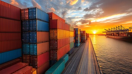 Fototapeta premium Airplane lifting off with large cargo bay, flying over sunrise horizon, global shipping network