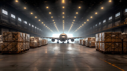 Fototapeta premium Cargo plane interior with crates and boxes secured, organized shipping process, industrial lighting