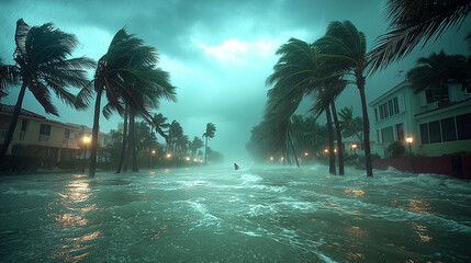 Tropical storm with high winds and strong gusts, over the coastal town, with rising water levels on the streets. Palm trees swaying under the force of nature.