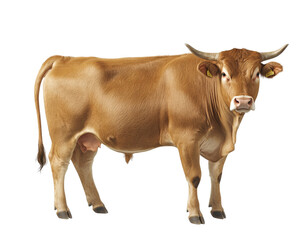 brown cow standing on white background, showcasing its features and expression. This captures essence of farm life and livestock