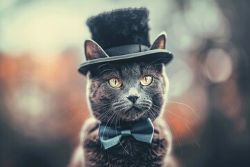 A whimsical image of a feline dressed up with a top hat and bow tie