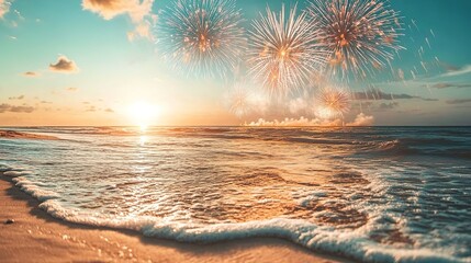 Sunset beach scene with bursts of fireworks in sky.