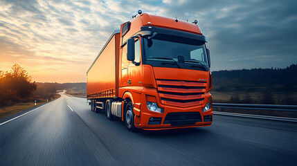 Shipping truck on deserted highway, expansive sky, efficient logistics network in action