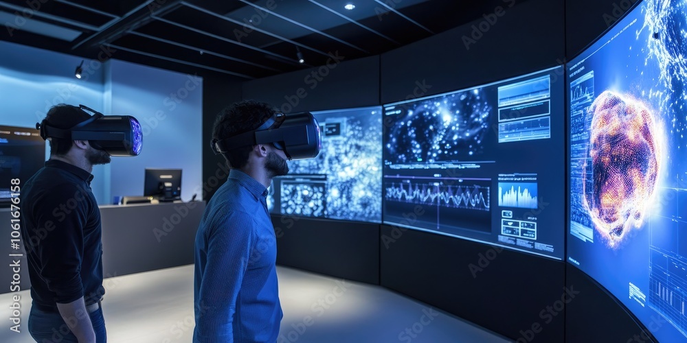 Poster A high-tech intelligence center using immersive virtual reality displays to offer deep insights and strategic data analysis.