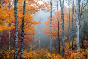 Obraz premium Fog entering colorful autumn forest with birch and maple trees