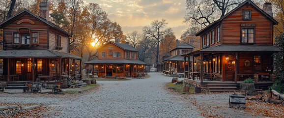 Wild west street with a saloon and two story wooden houses. America at the beginning of the 20th century.