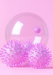 Obraz premium A vibrant, pink-themed image featuring stylized virus models and a petri dish, emphasizing a modern and artistic interpretation of microbiology.