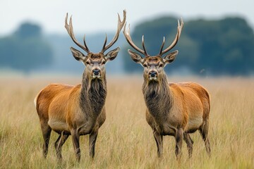 Obraz premium Two red deer stags standing in meadow